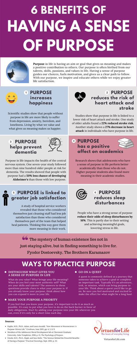 6 Benefits of Having a Sense of Purpose (Infographic) - Virtues For Life Christian Virtues, Find Your Purpose, Sense Of Purpose, Life Satisfaction, Purpose In Life, Finding Purpose, Great Life, Mental And Emotional Health, Life Purpose