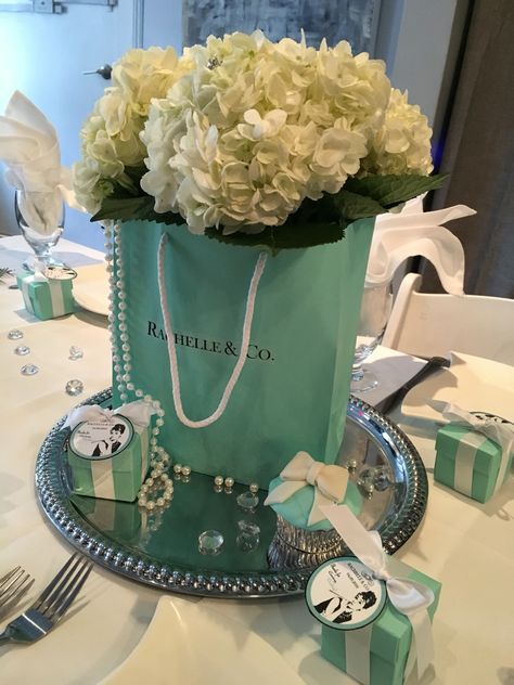 Breakfast at Tiffany's Bridal Brunch Centerpiece                                                                                                                                                      More Tiffany Wedding Theme, Tiffany Theme Party, Breakfast At Tiffanys Party Ideas, Tiffany Themed Bridal Shower, Tiffany Birthday Party, Tiffany Birthday, Tiffany Baby Showers, Tiffany Theme, Tiffany Bridal Shower