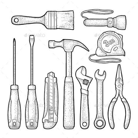 Set of Hardware Tools - Vector EPS. Download: https://graphicriver.net/item/set-of-hardware-tools/21712060?ref=ksioks Mechanic Tools Drawing, Hand Tools Drawing, Hammer Drawing, Key Knife, Tool Drawing, Tools Illustration, Steel Drawing, Mechanical Drawing, Minimal Shirt Design