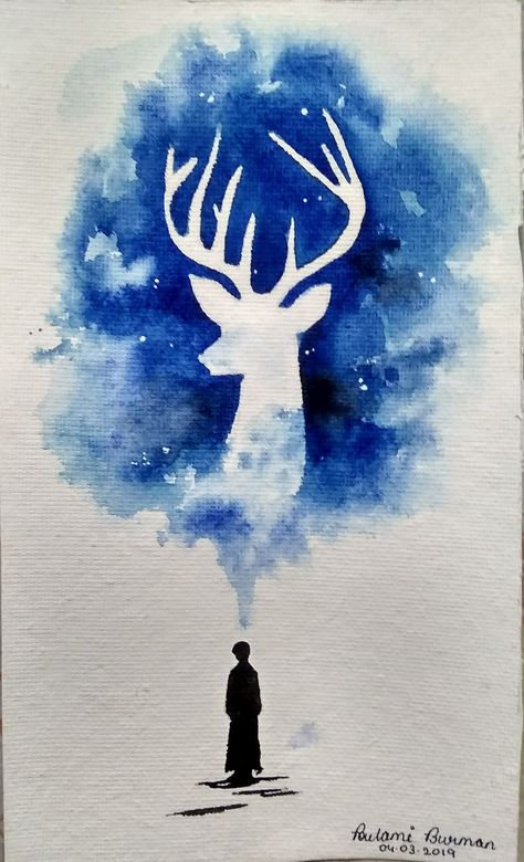 Harry potter Patronus  watercolour painting Harry Potter Patronus Wallpaper, Harry Potter Watercolour Painting, Harry Potter Posca Art, Harry Potter Acrylic Painting Ideas, Watercolour Harry Potter, Harry Potter Easy Painting, Patronus Painting, Harry Potter Art Drawings Easy, Harry Potter Aesthetic Painting