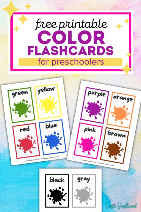 Free printable color flashcards for preschool kids with paint splotches Preschool Colors Printables Free, Preschool Flashcards Free Printable, Preschool Color Recognition Activities, Flash Cards For Kids Ideas, Color Sensory Activities, Color Matching Printable Free, Printable Flash Cards Preschool, Color Cards Preschool Free Printables, Printable Color Chart Preschool