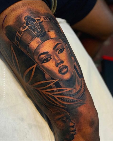 African Related Tattoos, Black Queen Tattoo Sleeve, Black Cleopatra Tattoo, Black African Queen Tattoo, My Black Is Beautiful Tattoo, Afrocentric Tattoos For Women Sleeve, Female Egyptian Tattoo, Black Woman Face Tattoo, African Back Tattoo