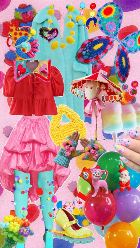 Clown rainbow pom-poms candyfloss clowncore kidcore bright aesthetic Clowncore Outfit, Rainbow Clown, Clowncore Aesthetic, Clown Outfit, Bright Aesthetic, Circus Outfits, Clown Clothes, Tøp Aesthetic, Big Top