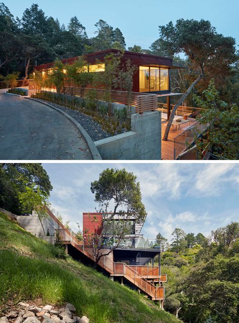 The HillSide House by Zack | de Vito Architecture + Construction Building On A Hillside, Hillside Homes Modern, Downslope House Design, Building On Hillside, Hillside Container Homes, Downslope House, House In Hillside, Houses On Mountains, Steep Hillside House