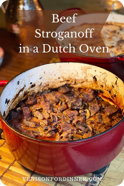 Beef Stroganoff in a Dutch Oven Beef Stroganoff In Dutch Oven, Beef Stroganoff Oven Recipe, Tough Beef Recipes, Dutch Oven Stroganoff, Beef Stroganoff In Oven, Dutch Oven Beef And Noodles, Beef Stew Meat Recipes Dutch Oven, Stew Meat Recipes Dutch Oven, Sirloin Tip Roast Dutch Oven