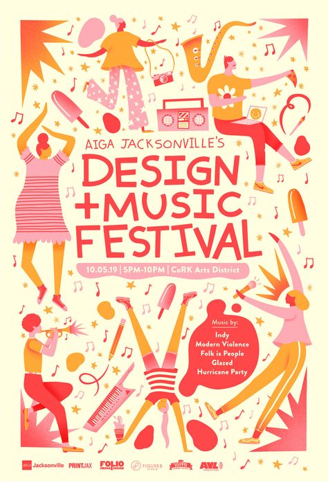 Design+Music Fest - Branding — Em The Creative Festival Theme Design, Art Music Festival, Concert Advertising Design, Music Festival Merchandise Design, Celebrate Design Poster, Poster For Event Ideas, Dance Festival Poster Design, Whimsical Poster Design, International Poster Design