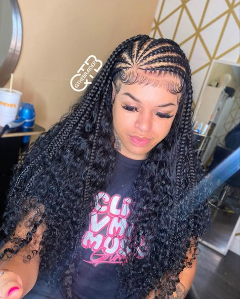 Braids Im Front Weave In Back, Braids At Top With Sew In, Half Braided Half Down Hair Black Women, Cornrows With Curly Weave In The Back, Cornrow Front Curly Weave Back, Braid In The Front Curly In The Back, Cornrows In Front Weave In Back, Half Feed In Half Box Braids, Feed In Braids With Curly Hair