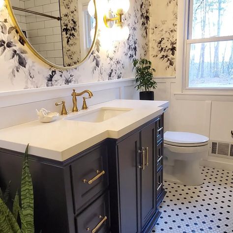 Gold And Black Half Bath, Bathroom Ideas Navy Blue, Charcoal Blue Bathroom, Bathroom Ideas Navy, Black Floral Powder Room, Powder Room Blue, Navy Floral Wallpaper Bathroom, Dark Wook Bathroom Vanity With Wallpaper, Bathroom Wainscoting And Wallpapermoody Bathroom Wallpaper