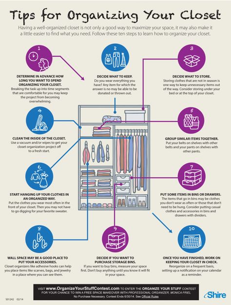 (via) The visual bullet-points on this 10-great-tip infographic were so clear, I had to share it. In fact, I am implementing most of it tonight! It is very seductive to let a closet fall into despair. Decluttering Ideas Bedroom, Organised Closet, Cer Nocturn, How To Organize Your Closet, Organize Your Closet, The Tao, Wardrobe Organisation, Clothes Closet Organization, Clothes Organization Diy