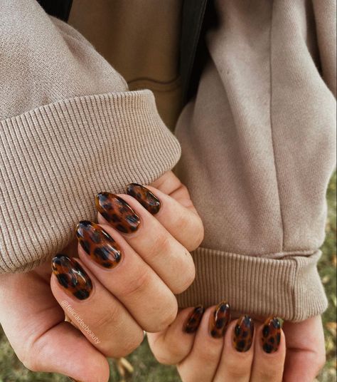 Tortoise Nails Short, Fall Nails Animal Print, Dark Academia Nail Art, Brown Nails 2024, Nail Autumn 2024, Nail Leopard Design, Tortoishell Nails Design, Nails 2024 Almond, Brown Cheetah Nails