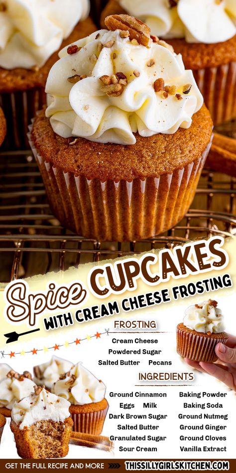 If you’re looking for a dessert that perfectly captures the cozy flavors of fall, these Spice Cupcakes topped with Cream Cheese Frosting are just what you need. With the warm flavor of spices like cinnamon, ginger, nutmeg, and cloves, these spice cupcakes are bursting with delicious flavor. Topped with a silky cream cheese frosting, they’re the perfect treat for any occasion—whether it’s a cozy night in or a festive gathering. Pumpkin Cupcakes With Cinnamon Cream Cheese Icing, Sweet Potato Cupcakes Cream Cheese, Spice Cupcakes With Cream Cheese Icing, Thanksgiving Cupcake Flavors, Spice Cupcakes Recipes, Spice Cake Cupcakes Recipes, Spiced Cupcakes, Fall Cupcakes Flavors, Spice Cake Cupcakes