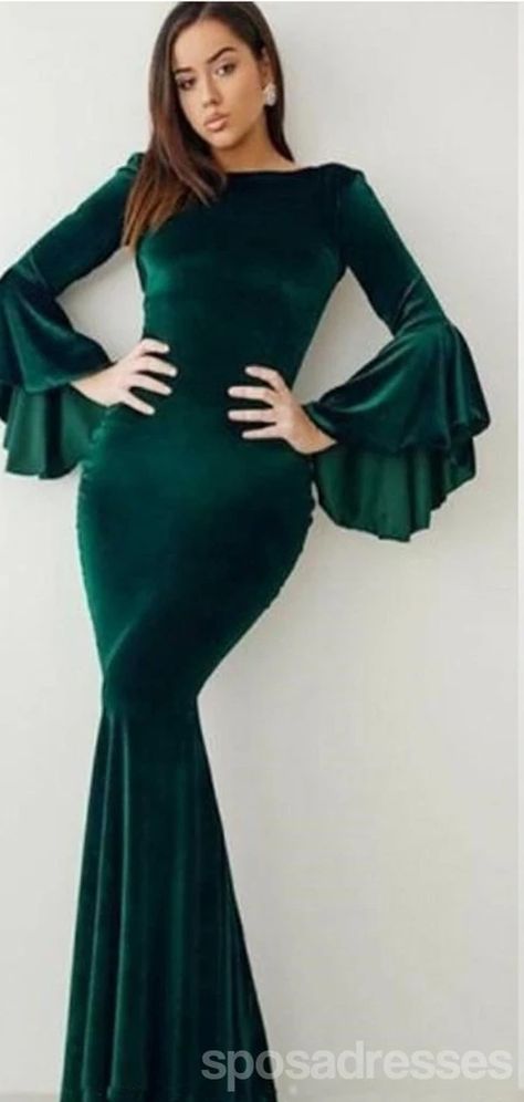 Green Mermaid Jewel Long Sleeves Cheap Bridesmaid Dresses Online,WG116 – SposaDresses Velvet Prom Dresses, Wedding Guest Dresses Long, Cheap Bridesmaid Dresses Online, Velvet Prom Dress, Green Mermaid, Prom Dresses For Sale, Flare Sleeves, Bridesmaid Dresses Online, Cheap Bridesmaid Dresses