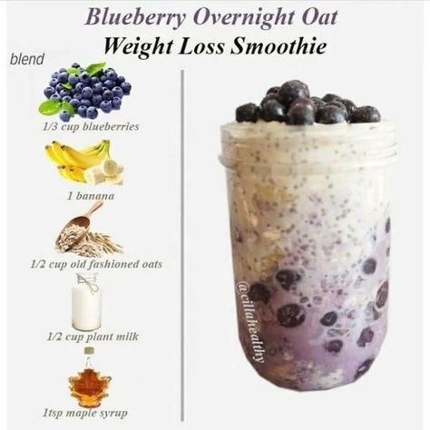 Oats Smoothie Recipes, Banana Oat Smoothie, Blueberry Overnight Oats, Blueberry Banana Smoothie, Fruit Smoothie Recipes Healthy, Fat Burning Tea, Overnight Oats Recipe Healthy, Oat Smoothie, Overnight Oat