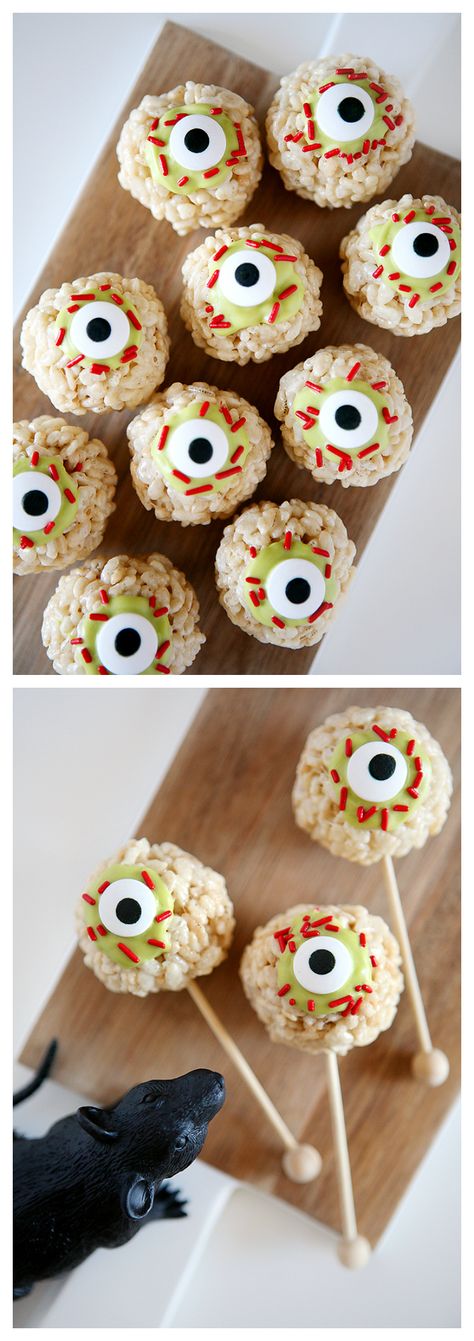 Zombie Eyeball Rice Krispie Treats | Halloween Treat Ideas Halloween Rice Krispies, Halloween Fingerfood, Halloween Rice Krispie Treats, Pasteles Halloween, Krispie Treats Recipe, Halloween Treats For Kids, Rice Krispies Treats, Halloween Food Treats, Krispy Treats