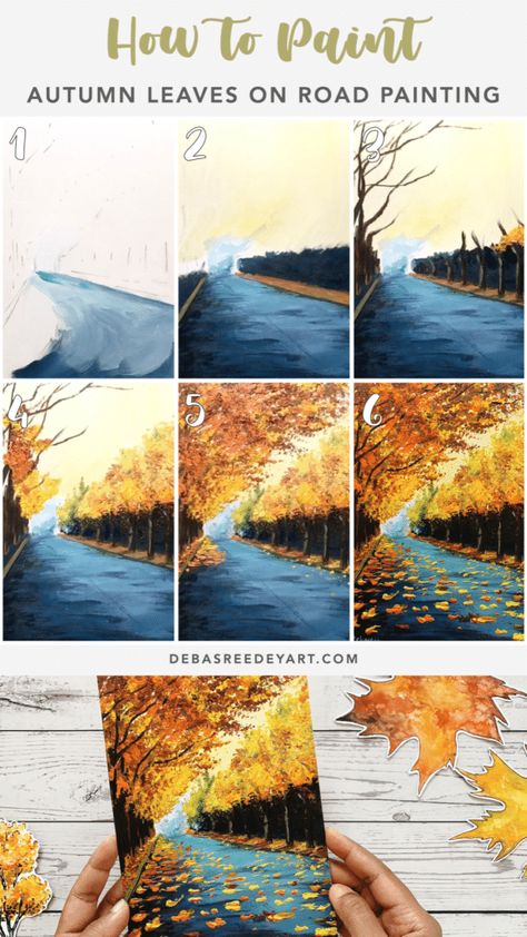 Fall Leaves Painting Easy, Acrylic Landscape Tutorial, Paint Fall Leaves, Fall Leaves Painting, Paint Autumn, Paint Leaves, Landscape Tutorial, Soft Blue Background, Road Painting