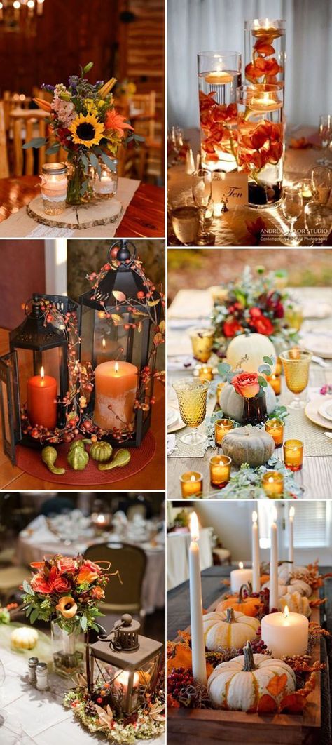 Fall wedding and thanksgiving centerpieces ideas with candles. Help set the tone no matter what the occasion is. Centerpieces Ideas, Autumn Wedding Reception, Pumpkin Wedding, Wedding Ceremony Ideas, Tafel Decor, Autumn Ideas, Fall Wedding Centerpieces, Fall Country, Thanksgiving Centerpieces