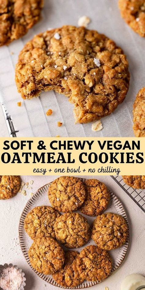 Easy vegan oatmeal cookies which are soft and chewy and come together in one bowl. These cookies use common pantry ingredients, are easily customized and don't need to be chilled before baking. Easy Vegan Oatmeal, Healthy Vegan Cookies, Easy Vegan Cookies, Vegan Oatmeal Cookies, Oatmeal Cookies Easy, Vegan Sugar Cookies, Vegan Baking Recipes, Vegan Oatmeal, Vegan Cookies Recipes