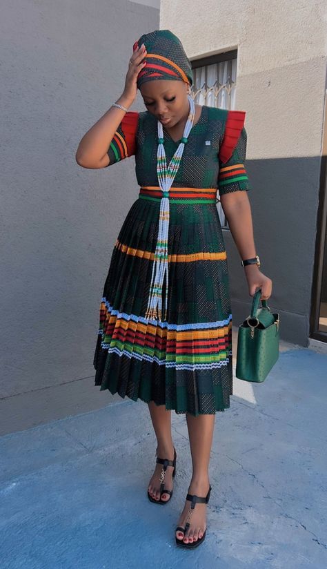 Ushers Outfits For Ladies, Isishweshwe Dresses, Venda Traditional Attire, Seshweshwe Dresses, Sepedi Traditional Attire, Black Appreciation, Pleated Dress Pattern, Pedi Traditional Attire, Sepedi Traditional Dresses