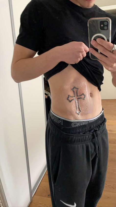 Cross On Back Tattoo Men, Right Side Chest Tattoo Men, Men’s Torso Tattoos, Mens Ab Tattoos, Chest Tattoo Background Ideas, Cross Rib Tattoo Men, Cross On Stomach Tattoo, Archive Tattoo Ideas, Chest Tattoo Men Cross