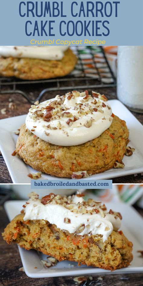 These copycat Crumbl carrot cake cookies are fluffy and kissed with a bit of spice. Then topped with a creamy cream cheese frosting , just like a cake but in cookie form.  via @Baked Broiled and Basted Crumbl Cookie Copycat Mallow Creme, Crumble Cookie Copycat Recipe Carrot Cake, Crumbl Carrot Cake Cookie Copycat, Crumbl Cookie Carrot Cake, Crumble Carrot Cake Cookie, Crumble Cookie Copycat Recipe Oatmeal, Crumbl Carrot Cake Cookies, Best Carrot Cake Cookies, Carrot Cake Crumble Cookies