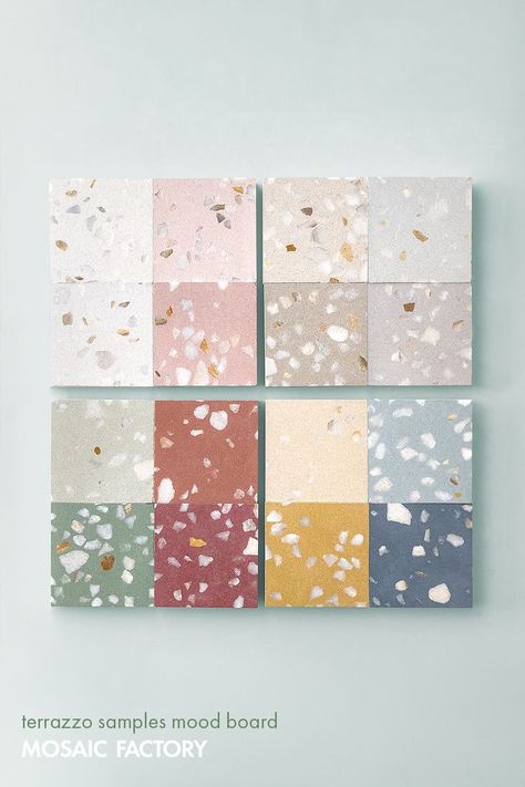 This terrazzo tile mood board unveils the newest line from Mosaic Factory’s Terrazzo collection: M5. With 18 different shades to choose from, the collection ranges from softer, pastel tones to strong, saturated hues. All perfect to adorn your floors with the promising durability and reliability that Terrazzo material guarantees you. Our terrazzo tiles are available in a variety of sizes, colours and shapes. Visit our website and customise your tiles or choose them directly from our online stock! Terazzo Floor Tiles, Pastel Terrazzo, Terazzo Floor, Terrazzo Floor Tiles, Colorful Terrazzo, Pretty Tiles, Terrazzo Design, Front Courtyard, Terrazzo Tile