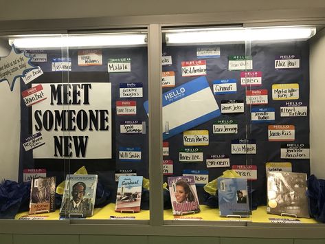 Our library display case features biographies and name tags Biography Library Display, Display Case Ideas For School, Back To School Display Case, Library Display Case Ideas, School Display Case Ideas, Middle School Library Displays, Display Case Ideas, Makerspace Elementary, School Library Book Displays