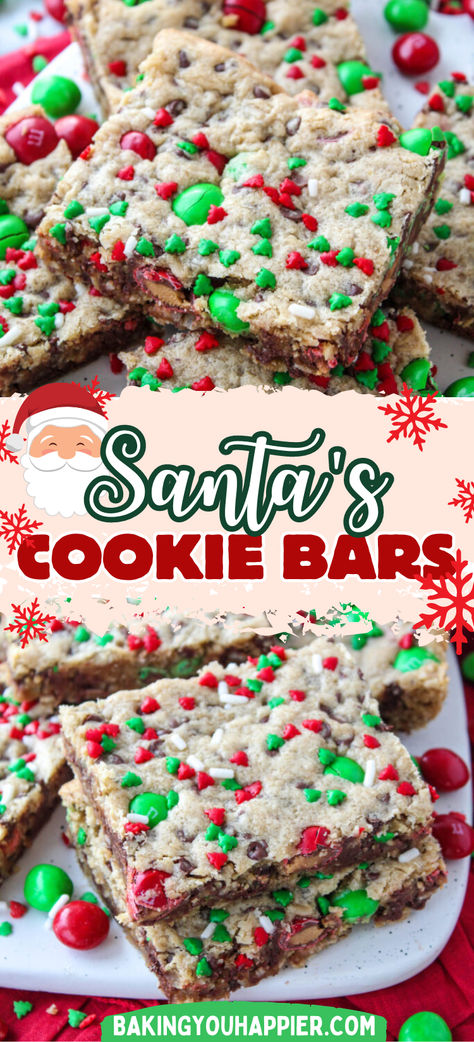 Santa’s Peanut Butter Cookie Bars, a festive Christmas cookie bar packed with peanut butter and chocolate chips in every bite! Holiday Peanut Butter Bars, Christmas Squares And Bars, Christmas Bars And Squares, Bar Cookies Recipes, Cookie Bars Recipes, Holiday Dessert Drinks, Christmas Bake Off, Christmas Baking Recipes Easy, Peanut Butter And Chocolate Chips