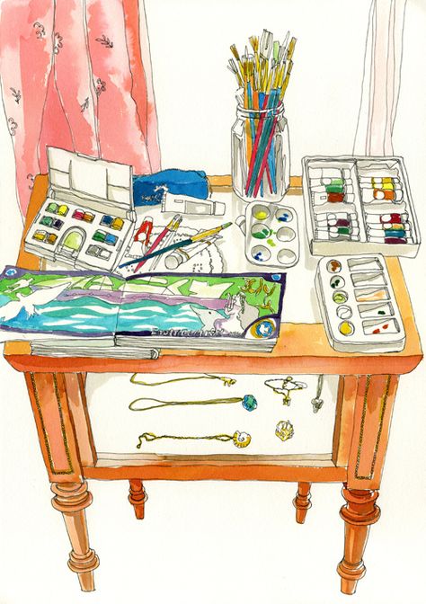 <3 Juriko Kosaka, Artist Desk, Perspective Sketch, Watercolor Palette, Art Diary, Sketchbook Journaling, Dessin Adorable, Urban Sketching, Art Journal Inspiration