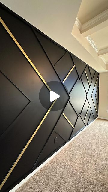 Accent Basement Wall Ideas, Statement Wall Color Ideas, Black Accent Wall With Wood Slats, Pop Design For Wall Decor, Home Bar Accent Wall, Black Wall Gold Accents, Black Wall Accent Living Room, Black Walls With Wood Accent, Black And Gold Accent Wall Living Room