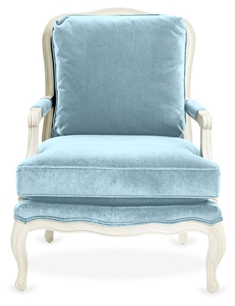 Designed by us and available only at One Kings Lane: This classic bergère has open arms and wonderfully plush upholstery with double self-welting. The seat and back are amply padded with Ultracel high-resiliency foam and premium polyester fibers and bolstered to a sturdy ivory-hued beech frame. A matching cushion and manchettes complete the timeless look. Made in the USA. Reupholstery Ideas, Teal Armchair, Blue Upholstered Chair, Bergere Chair, Country Decorating, Open Arms, Living Room Inspo, French Country Decorating, Living Room Inspiration