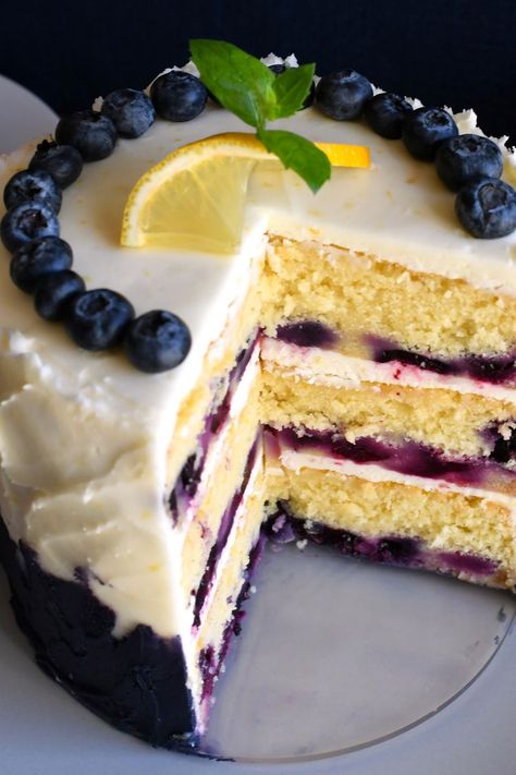 Blueberry Lemon Cake with Buttercream Frosting Lemon Blueberry Layer Cake, Blueberry Layer Cake, Lemon Blueberry Cake, Lemon Cream Cheese Frosting, Lemon Cream Cheese, Lemon Frosting, Blueberry Lemon Cake, Blueberry Cake, Cream Frosting