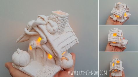 Air Dry Clay Pumpkins, Air Dry Clay Pumpkin Diy Easy, Air Clay Pumpkin, Diy Air Dry Clay Fairy House, Fairy House Air Dry Clay, Air Dry Clay Fairy House Jar, Pumpkin Fairy House, Led Tea Light Candles, Led Tea Lights