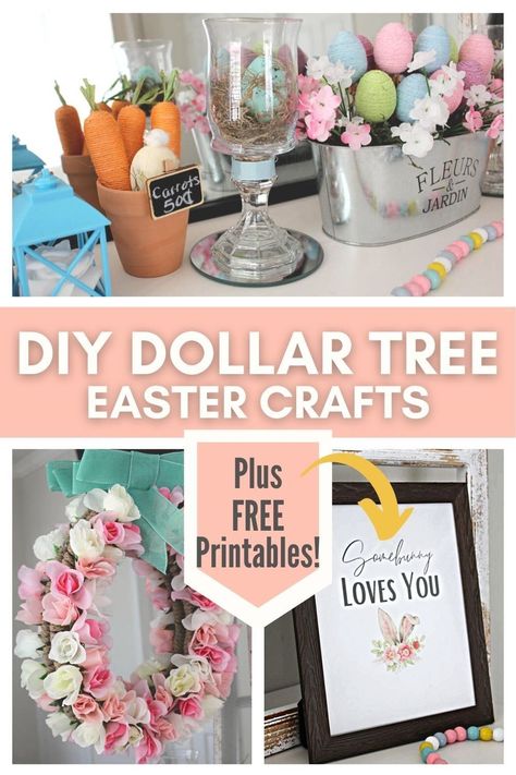 9 Easy DIY Dollar Tree Easter Crafts That Are High-End! Easter bunnies, eggs, and carrots! PLUS 10 FREE SPRING AND EASTER PRINTABLES! Wreath | DIY Projects | Décor | Decorations | Baskets | Bunny | Ideas | Centerpiece | Floral | Flowers | 2022 | Farmhouse | Vintage | Beaded Garland | Gifts | Gnomes | Happy Easter | Candle Holders | How To Make | Tutorial | Step-By-Step | For Kids | Table Setting | Tablescape | Rabbit | Signs | Quotes | Rustic | Chic | Planter | Bird Houses Wreath With Dollar Tree Sign, Dollar Tree Easter Table Decor, Easter Egg Candle Holder, Spring Dollar Tree Diy, Dollar Tree Easter Crafts 2023, Diy Easter Decorations Dollar Tree, Diy Easter Table Decorations, Easter Centerpieces Diy Dollar Tree, Easter Florals Diy