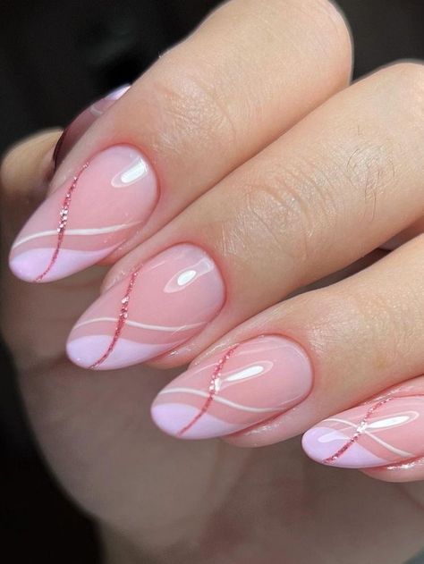 light pink and glitter swirl nails French Round Nails Design, Nail Art For Short Round Nails, Elegant Pink Nails Classy, Short Gel Nail Designs Classy Simple Pink, Short Pink Acrylic Nails Design, Pink Round Nails Design, Pretty Pink Nails Design, Nails For Older Women Over 50 Nailart, Rounded Nails Designs