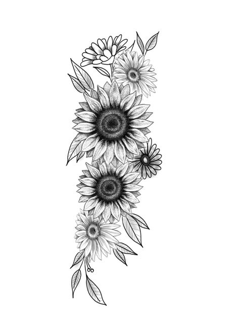 Sunflower Tattoos Shoulder, Floral Tattoo With Sunflower, Women’s Sunflower Tattoo, Sunflower Side Tattoos Women, Hip Tattoo Sunflower, Bundle Of Sunflowers Tattoo, Floral Underbust Tattoo, Lillies And Sunflowers Tattoo, Minimal Forearm Tattoos For Women