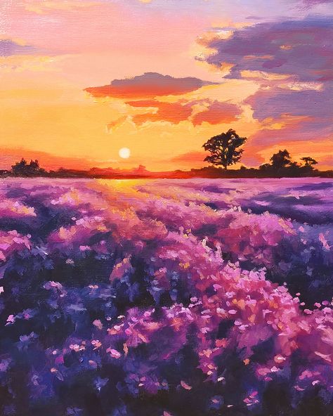 Lavender Meadow, Tuscany Landscape, Flowers Artwork, Purple Sunset, Lavender Field, Field Of Flowers, Time Painting, Commissioned Artwork, Custom Painting