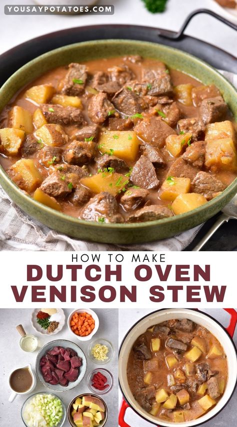 Bowl of stew, ingredients on a table and text: How to make Dutch Oven Venison Stew. Simple Venison Recipes, Deer Meat Recipes Healthy, Venison Stew Stove Top, Easy Venison Stew, Venison Dutch Oven Recipes, Deer Stew Meat Recipes Crock Pot, Deer Meat Stew Recipes, Diced Venison Recipes, Venison Potato Soup