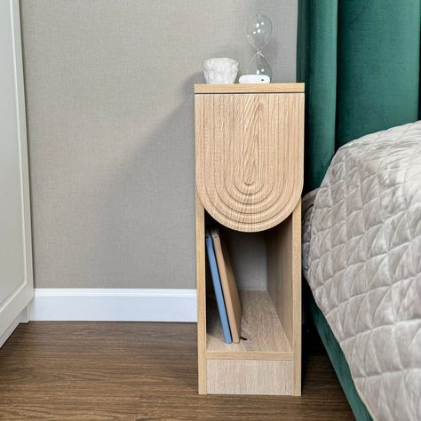 8" / $90 Bed Without Bedside Tables, Shelf Bedside Tables, Bedroom With No Bedside Table, Modern Narrow End Table, Contemporary Side Table Bedroom, Space Saving Bedside Table, Nightstand Small Bedroom, Small Bedside Storage, Behind Bed Table