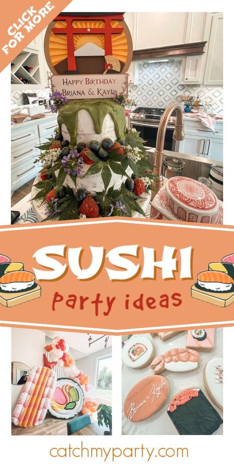 Check out this awesome sushi-themed birthday party! The cookies are so cool! See more party ideas and share yours at CatchMyParty.com Sushi Graduation Party, Sushi Party Ideas, Sushi Birthday Party Ideas, Sushi Bar Birthday Party, Sushi Party Ideas Table Settings, Asian Themed Birthday Party, Kids Sushi Party, Sushi Bday Party, Sushi Party Decorations