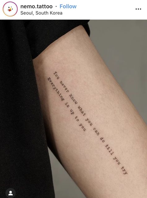 Minimalist Text Tattoo, Tattoo Typewriter, Typewriter Lettering, Tattoo Sentences, Nemo Tattoo, Typewriter Font Tattoo, Writer Tattoo, Phrase Tattoos, Small Quote Tattoos