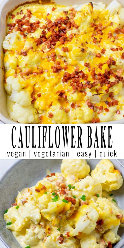 This easy Cauliflower Bake is made with a creamy cheese sauce, full of amazing flavors from spices and bacon bites, and super easy to make. It is a great alternative to a potato casserole or broccoli casserole. Make what is one of best vegan comfort foods and you can be sure that the whole family will enjoy eating vegetables as star players as it has never before. #vegan #dairyfree #dinner #lunch #mealprep #contentednesscooking #cauliflowerbake #cauliflowerrecipes Califlower Casseroles Healthy, Vegan Cauliflower Casserole Recipes, Vegan Cauliflower Casserole, Riced Califlower Casseroles, Creamy Cheesy Cauliflower Bake, Cheesy Cauliflower Bake, Bacon Bites, Cauliflower Bake, Creamy Cheese Sauce