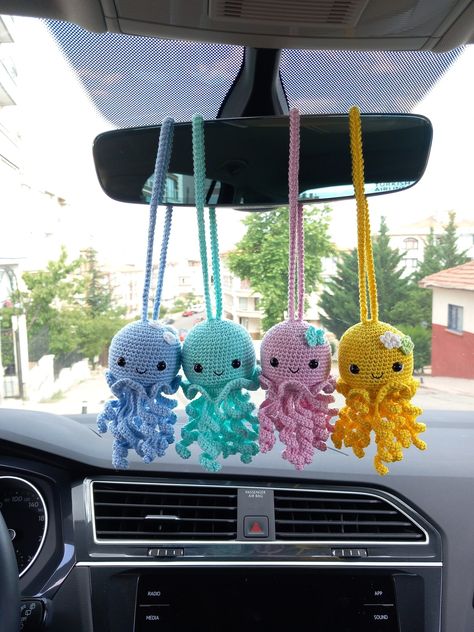 Crochet Jellyfish Car Accessories, Jellyfish Mirror Hanging, Jellyfish Car Charm, Rear View Mirror For Women, Crochet jellyfish car hanger, -  #accessories #Car #Charm #Crochet #Hanger #Hanging #jellyfish #Mirror #Rear #View #Women Car Rear View Mirror Decor Crochet, Crochet Patterns Car Accessories, Hanging Crochet Car Decor, Crochet Car Accessories Ideas, Crochet Review Mirror Hanger, Car Mirror Crochet Accessories, Crochet Mirror Hanger, Rear View Mirror Crochet Pattern Free, Crochet Mirror Charm