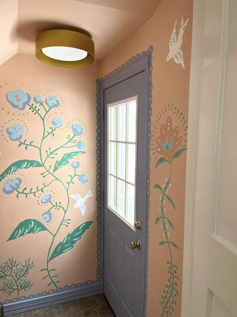 Cricut Interior Design, Hallway Wall Mural, Fun Hallway Ideas, Painted Frames On Wall, Diy Wall Stamp, Doorway Mural, Painted Wall Pattern, Cool Wall Murals, Whimsical Mural