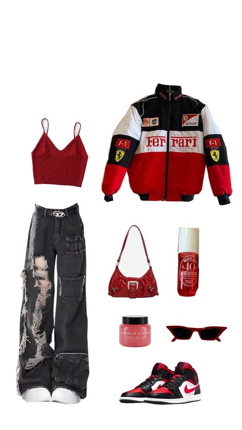 red outfit inspo 💋🔥 Red Punk Outfits Aesthetic, Red And Black Outfits For Women Casual, Red Jordans Outfit For Women, Red And Black Outfits Baddie, Red White Black Outfit, Red Clothes Aesthetic, Red Y2k Outfit, Punk Outfits Aesthetic, Red Aesthetic Outfit