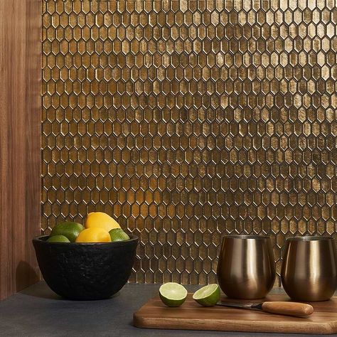 Flicker Gold 1/4 Shower Floor Tiles Ideas, Gold Penny Tile Backsplash, Venetian Gold Granite With Backsplash, Wet Bar Tile Backsplash, Backsplash For Bar, Mirrored Backsplash Kitchen, Penny Tile Kitchen Backsplash, Gold Backsplash Kitchen, Backsplash For White Kitchen