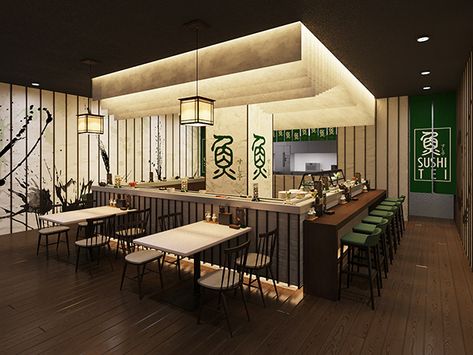 Sushi Restaurant Design Interior, Sushi Restaurant Interior Design, Japanese Sushi Restaurant Design, Sushi Restraunt, Japanese Sushi Bar, Sushi Tei, Bloxburg Sushi Restaurant, Japan Restaurant Design, Omakase Restaurant Design