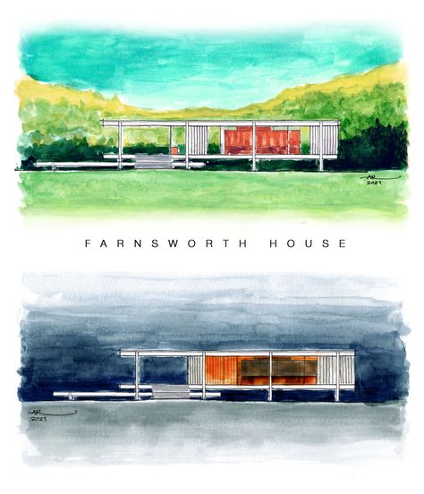 Farnsworth House Sketch, Mies Van Der Rohe Farnsworth House, Mies Van Der Rohe Architecture, Arch Sketch, Watercolor And Pen, Farnsworth House, Ludwig Mies Van Der Rohe, Group Project, House Sketch