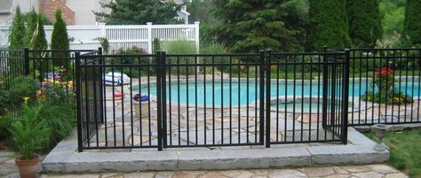 With the stately elegance of wrought iron, Ornamental metal fence offers an affordable alternative. Whether Aluminum by Elite Fence Products or Steel by Ameristar Fence Products, both are built to be attractive, functional, and best of all, maintenance free. Ornamental fence is available in a variety of colors and styles, it conforms to Boca codes for pool enclosures,  and it adds a touch of class to your entire property. Removable Pool Fence, Aluminum Pool Fence, Metal Pool, Pool Gate, Cheap Landscaping Ideas, Paver Stones, Backyard Pool Landscaping, Above Ground Swimming Pools, Aluminum Fence