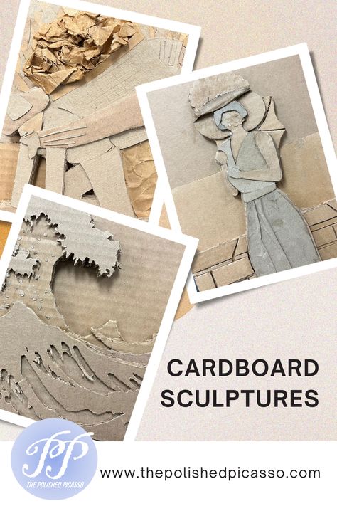 These cardboard relief sculptures make the perfect project for teaching relief sculpture to middle or high school art students. Students recreate a famous artwork of their choice using cardboard and craft paper. This unit teaches students about relief sculpture, art history, cardboard attachment techniques, and creating texture. #cardboardsculptures #highschoolartprojecct #middleschoolartproject #recycledart #cardboardart #artmadeofcardboard #sustainableartprojects #sustainableart #cardboard 3d Cardboard Art Easy, Cardboard Art Projects High School, Texture Projects High School, High School Art Sculpture Projects, Cardboard Sculpture Techniques, 6 Grade Art Projects, Studio Art Projects High School, Middle School Art History Projects, Cardboard Art Ideas