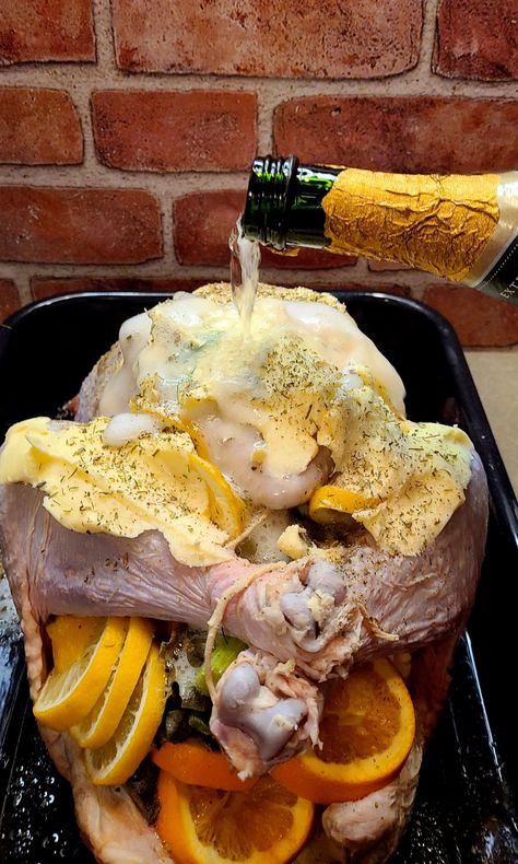 Terrific Roasted French Turkey With Champagne and Herbs - Inspired Homemaker Turkey With Champagne, French Turkey Recipe, Champagne Turkey Recipe, Butter Basted Turkey, Best Turkey Recipe, Marinated Turkey, Turkey Wine, Champagne Recipe, Herb Turkey